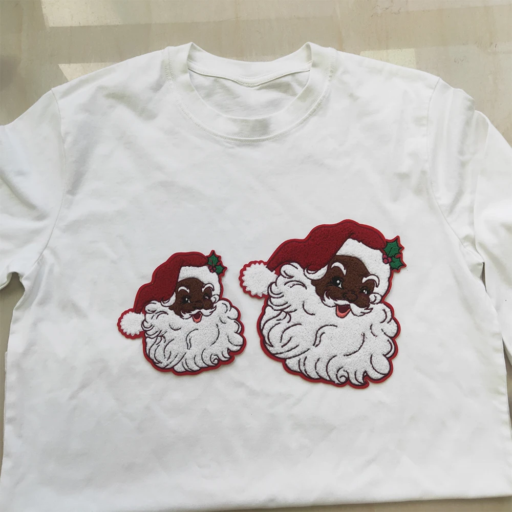 Designer Custom christmas heat press patch santa baby chenille embroidery iron on Large patches For Clothes