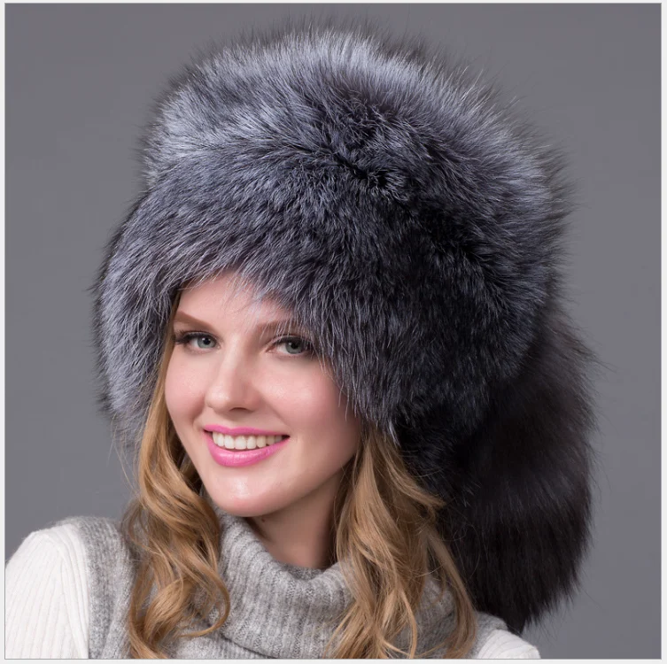 Girls Grey Winter Hat Mongolian Fox Fur Headband Hat Natural Fur Ear Flaps Hat