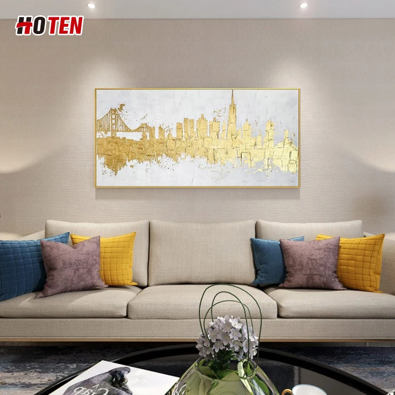 100% contemporary gold foil handmade modern wall art painting urban landscape