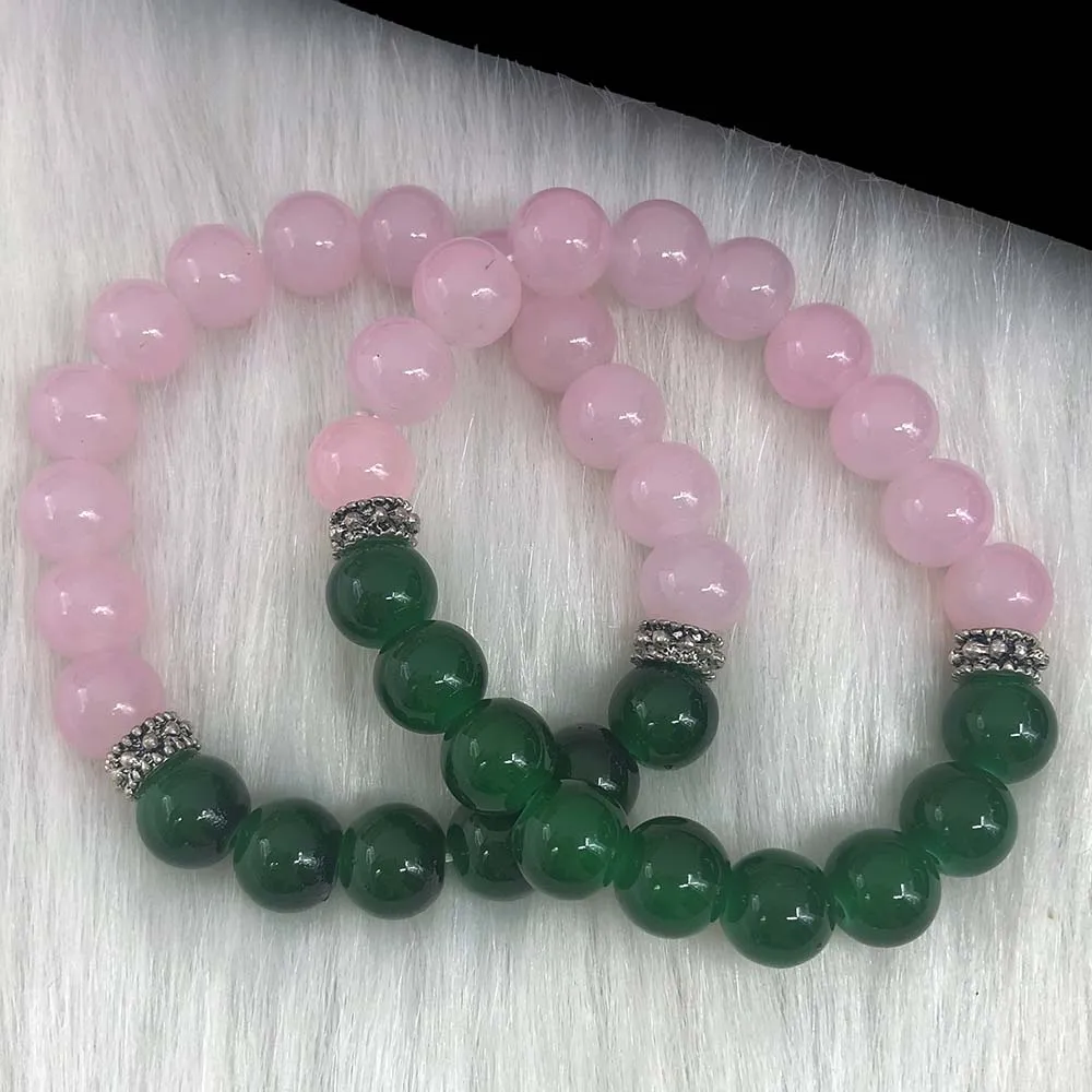 Handmade High Quality 2pcs Heavy Beads Greek Symbol Sorority Elastic Pink & Green Jade Bead Charms Bracelet Jewelry Set