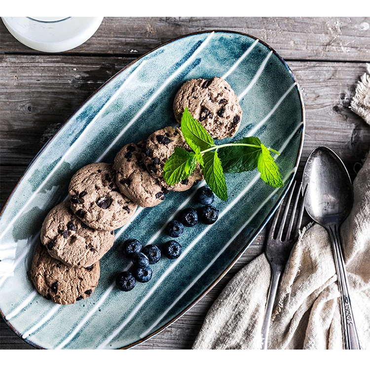 Restaurant Dinner Plates Modern Handmade Ceramic  Hot Selling Good Quality Classic Design Dinner Set Indigo 11.5 inch oval plate