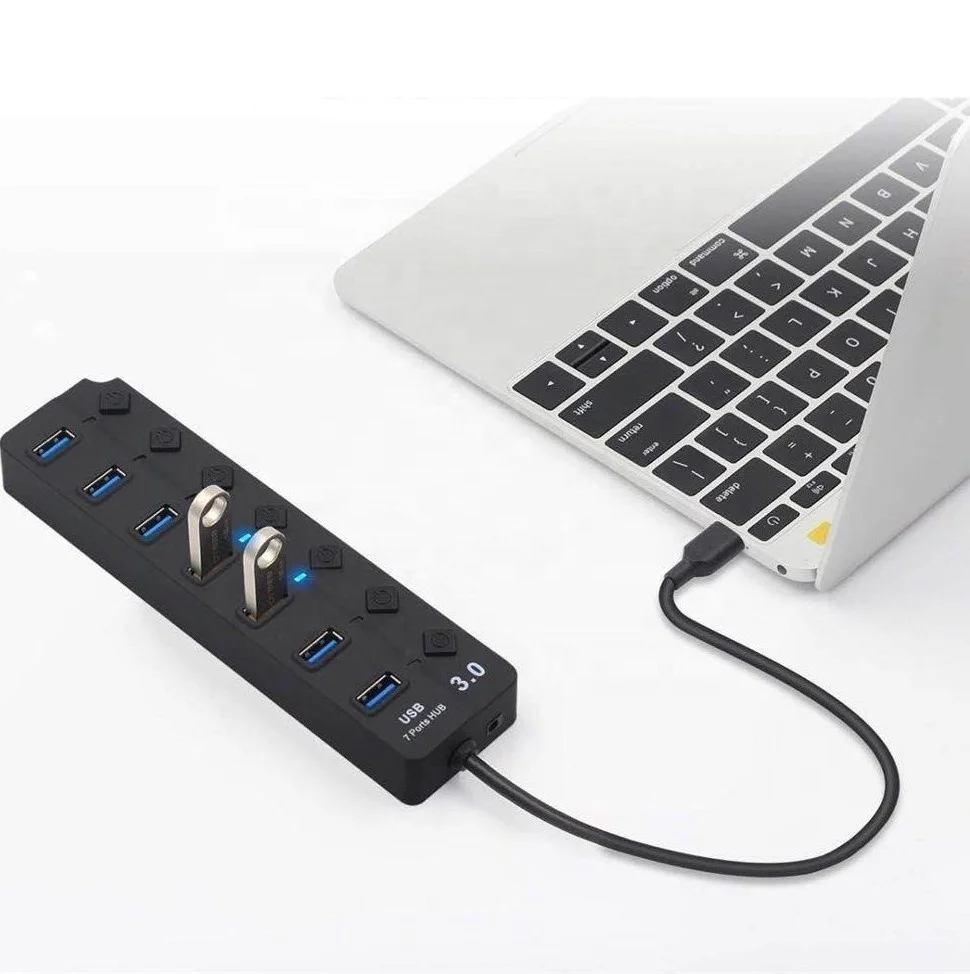 
Hot seil 7 Ports USB Hub High-speed USB 3.0 Ports Hub with Individual Switches LEDs 