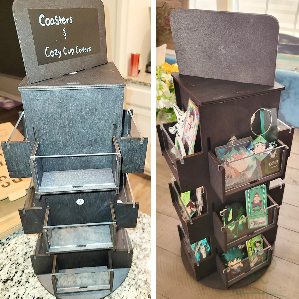 3 Tier Rotating Sticker Display Stand for Vendors,Wooden Countertop Organizer Shelf for Coasters, Retail, Showcase, Tradeshow