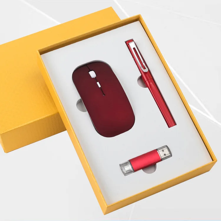 Premium annual meeting gift box custom red wireless mouse Usb flash disk pen luxury corporate gift set