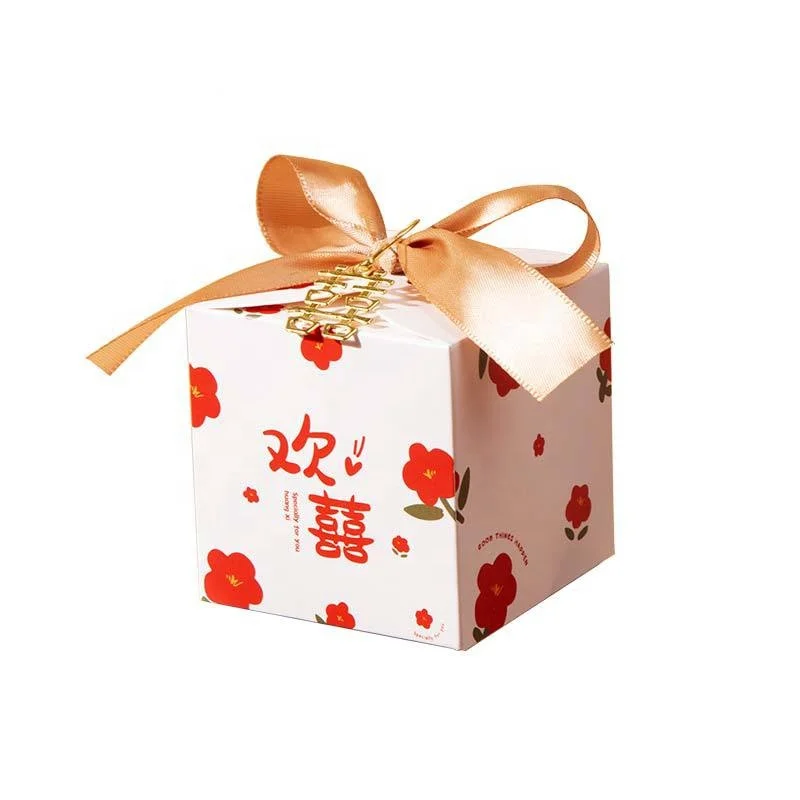 gold printing 250g paper case with silk ribbon as wedding candy box
