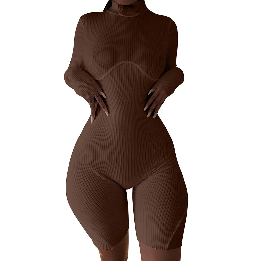 
8125 New Fashion Women Deep Casual Zipper Long Sleeve Bodycon Stacked Romper Jumpsuit 