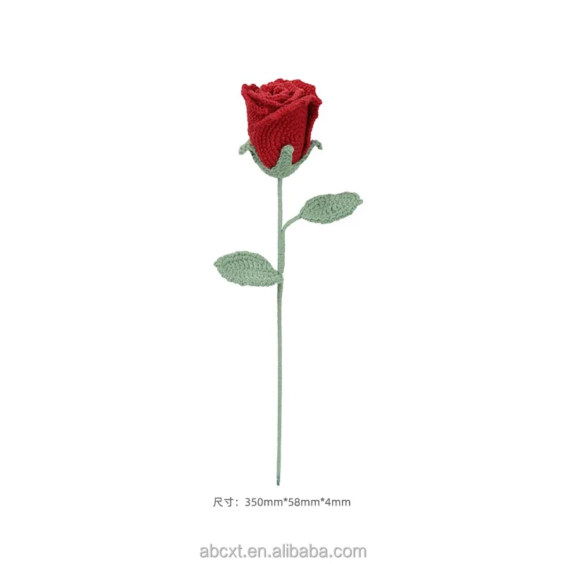 Artificial Crochet Knitted Flower Handmade Crochet Rose Flower with Leaf for Bouquet