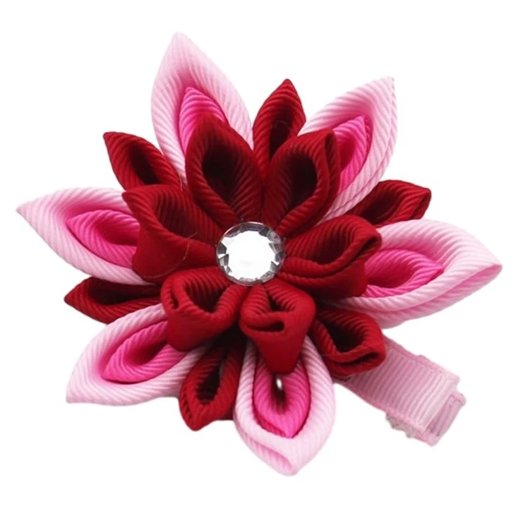 Custom Made 3 Inch Japanese Style Irish Hair Bows Red Kanzashi Tsumami Flower Ribbon Hair Clips with Alligator Clip