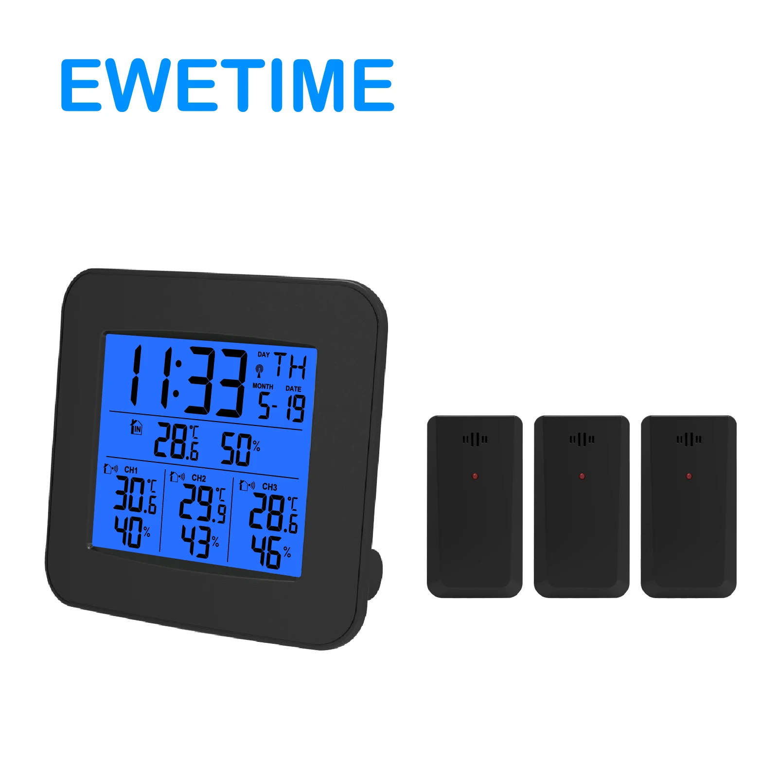 Digital thermometer with radio controlled time display indoor outdoor temperature humidity with three sensors for home warehouse