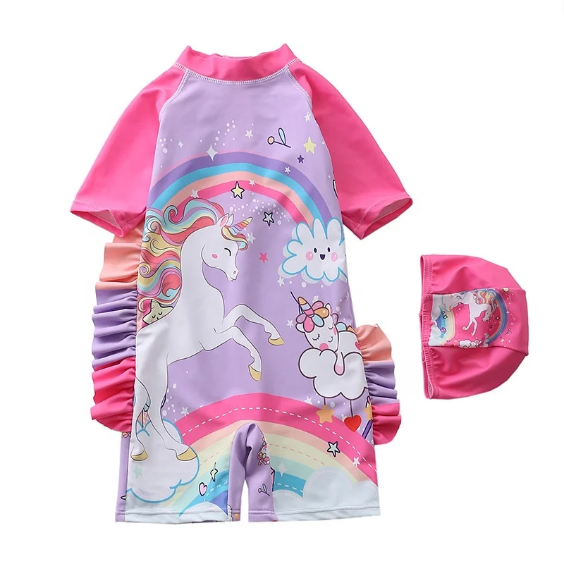New Design Kids Girls Swimwear Children One Piece Cartoon Unicorn Print Ruffle Swimsuit Child Girls Swimwear