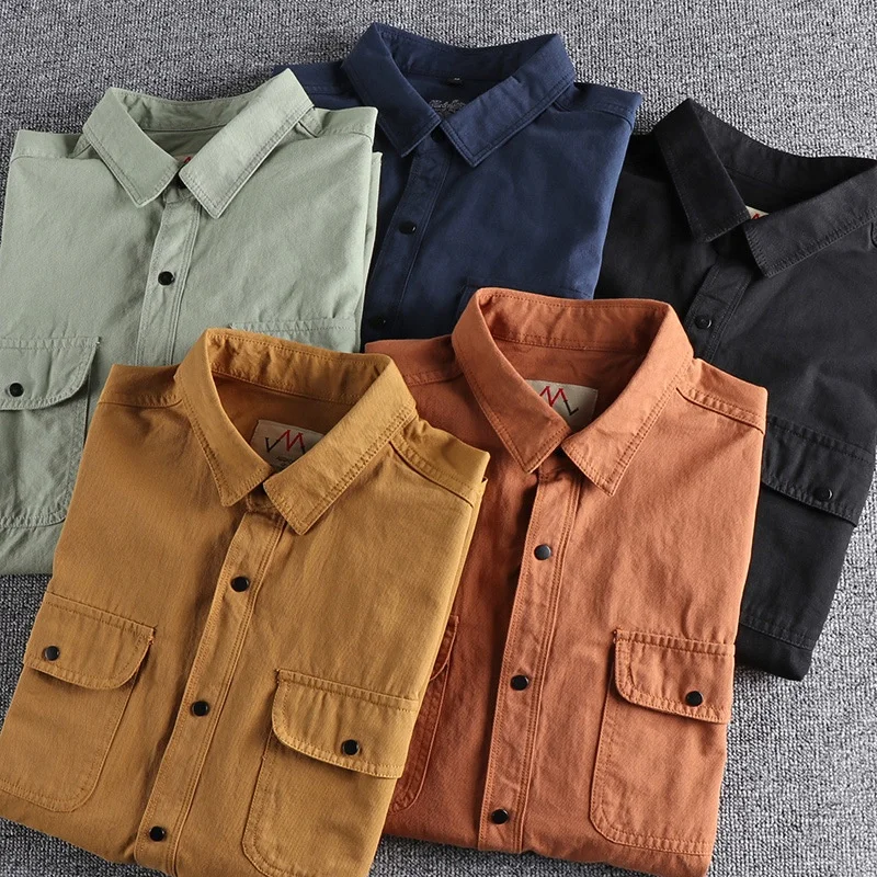 Latest vintage Cargo two pocket cotton long sleeve shirt casual slim fit shirt for men