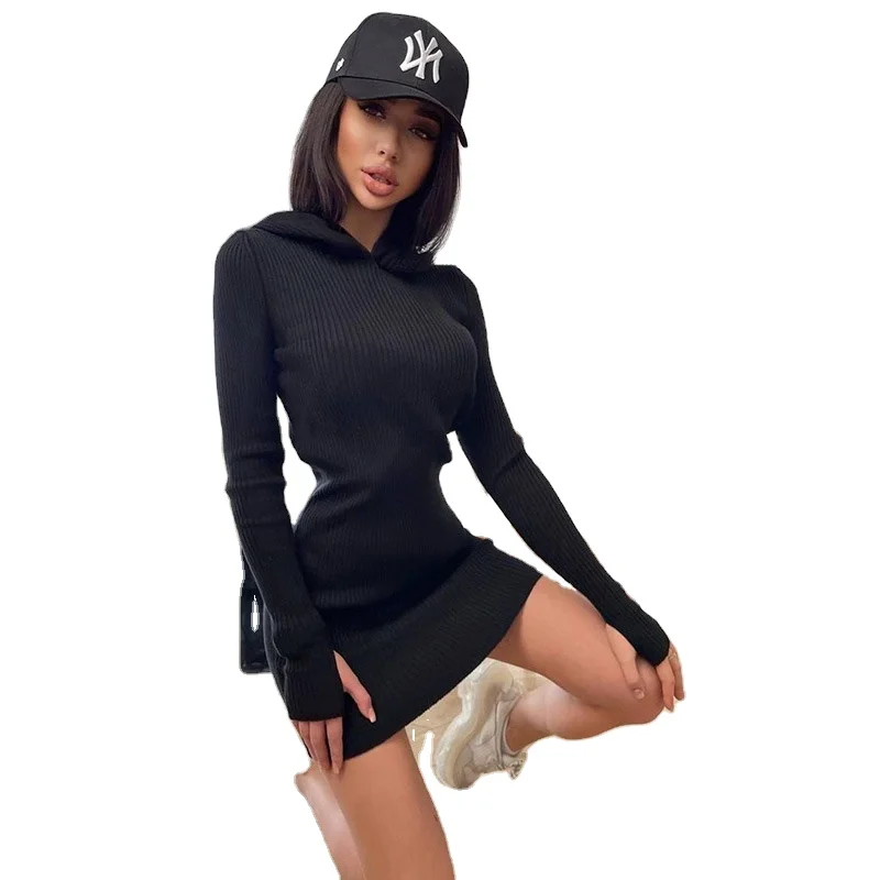 Трикотажное платье-свитшот с капюшоном, повседневные платья с длинным рукавом, 3XL, платье-свитер с капюшоном