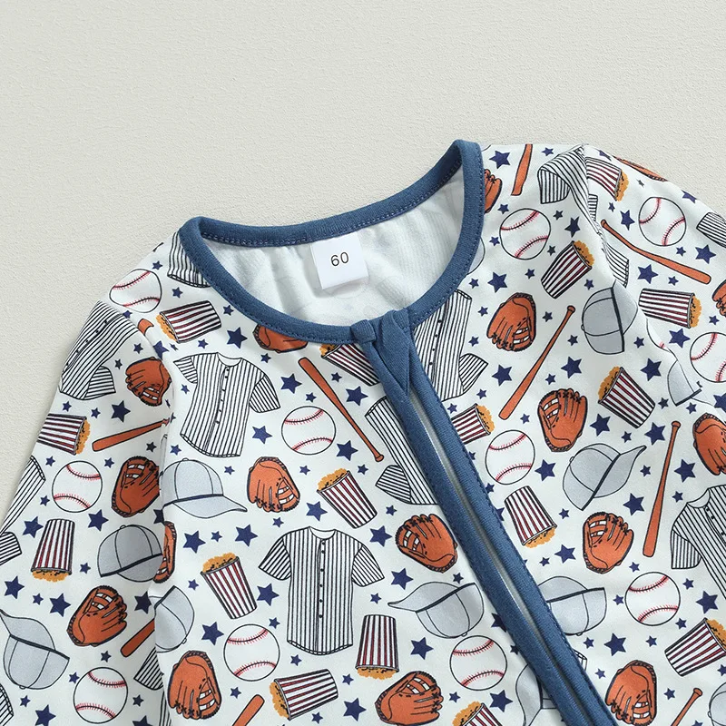 Custom Gender Neutral Kids Clothes Baby Jumpsuit For One Month Girl Overall Baseball Printed Zipper Long Sleeves Romper