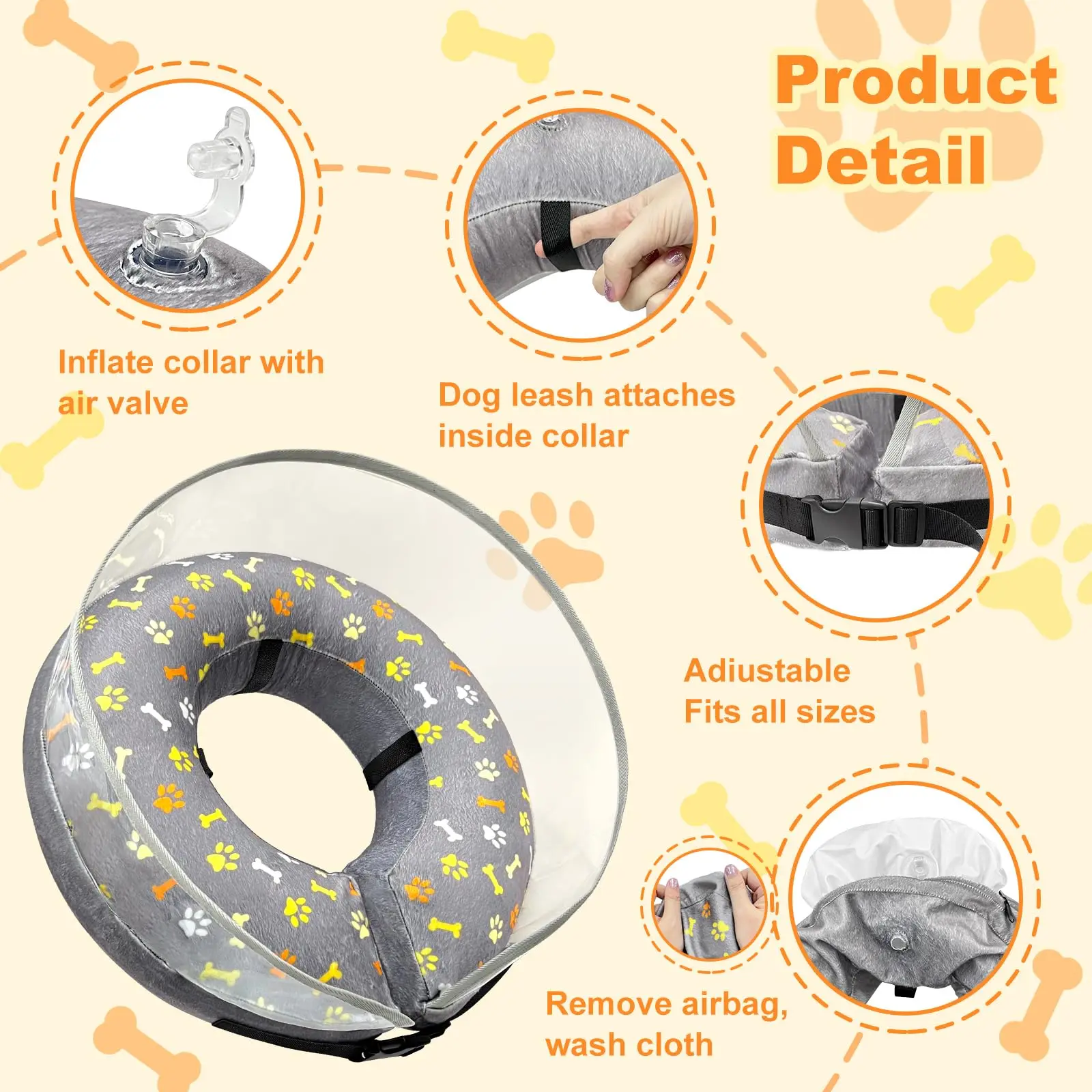 2-in-1 Inflatable Dog Cone with Detachable Anti-licking Shield Adjustable Dog Cone Collar After Surgery Soft Dog Donut Collar