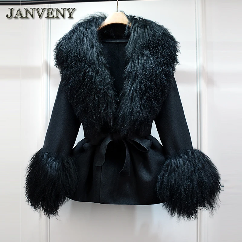 JANVENY New Real Fluffy Mongolian Lamb Fur Collar Cuff Woolen Jacket Women Winter Slim Sashes Mid Length Cashmere Trench Coat