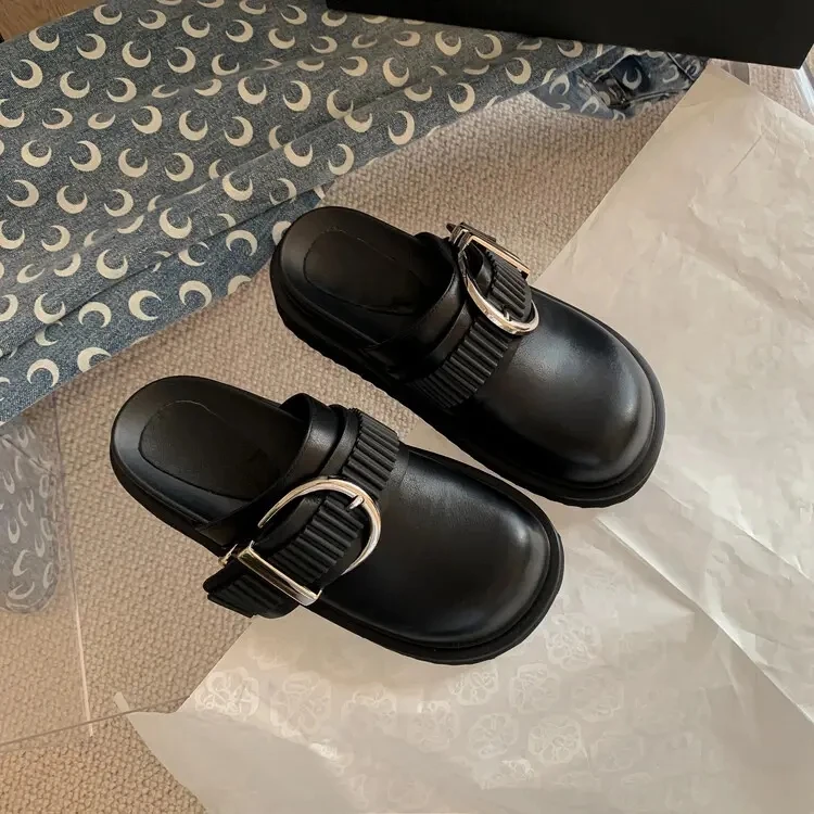 LOGO Custom Wholesale Clog Mule Shoes Custom Logo Genuine Leather 4.5cm Thick Bottom Women Mules Slippers