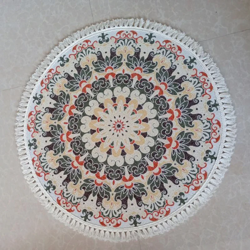 
Round home floor mats, retro woven cotton and linen floor mats comfortable round carpet 