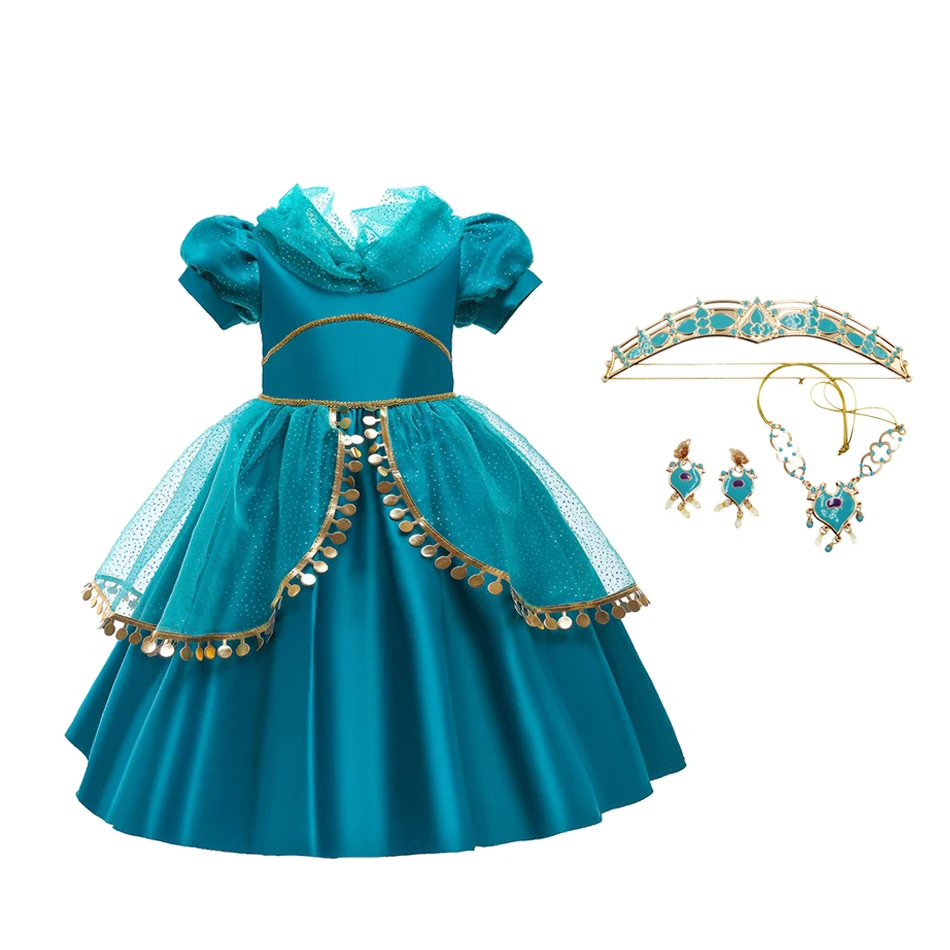 Christmas Luxury Vest  Little Girls Arabian Princess Cosplay Fancy Dress Kid Jasmine Gown Children Princess Party Green Clothes