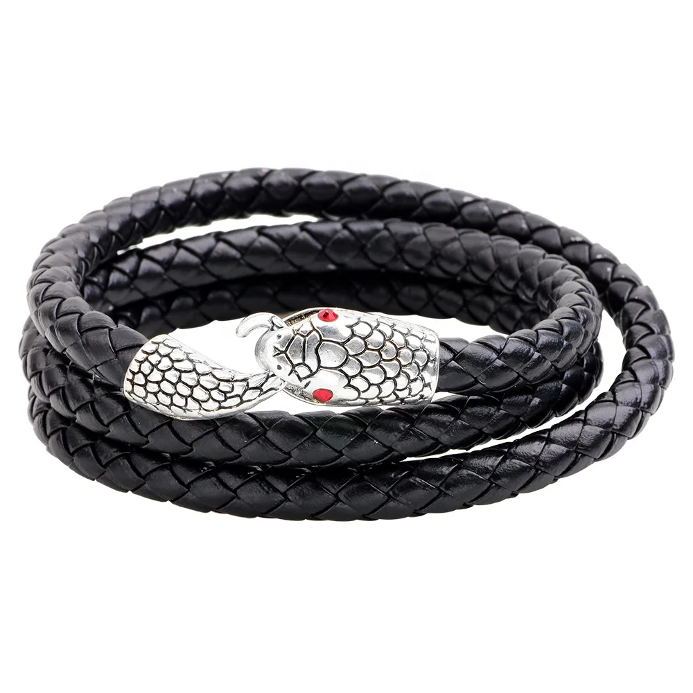 Personality men&women gold silver alloy snake head charm leather braided wrap bracelet