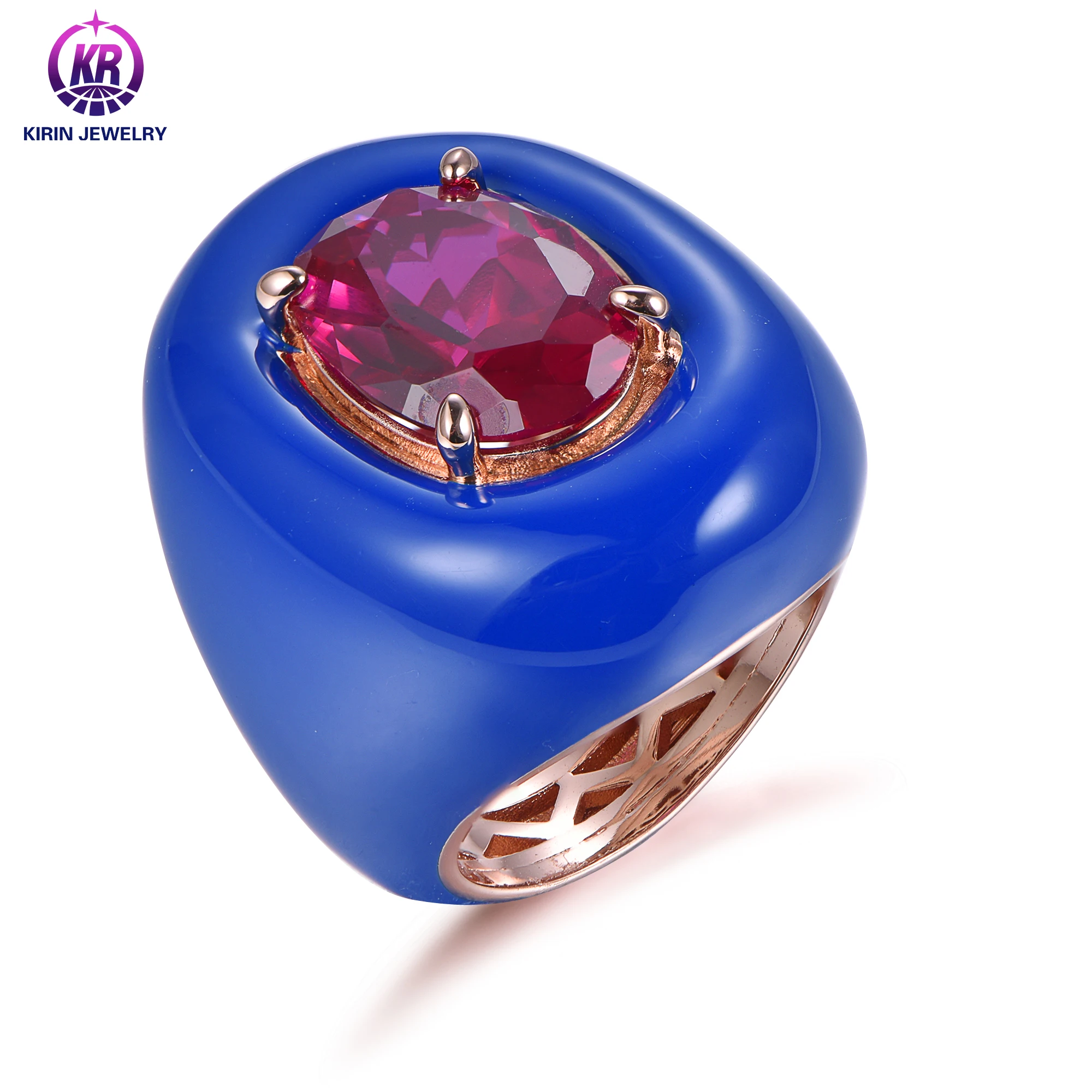 Luxury High End Jewelry Rose Gold Natural Blue surround Ruby Diamond Semi Mount 925 Sterling Silver Ring For Men Woman