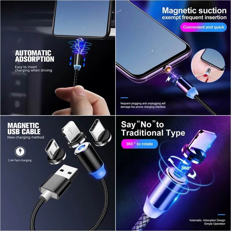 Best Sellers 3 in 1 LED Magnetic Charging Cable for iPhone Samsung Android Charger USB Cable Fast Charging Type C Data Cable