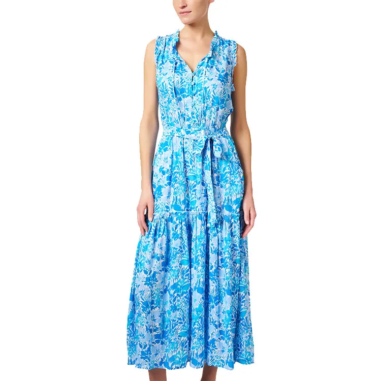 bulk wholesale 100% rayon lightweight tie neck sleeveless colorful dresses comfortable blue floral print dress manufacturer