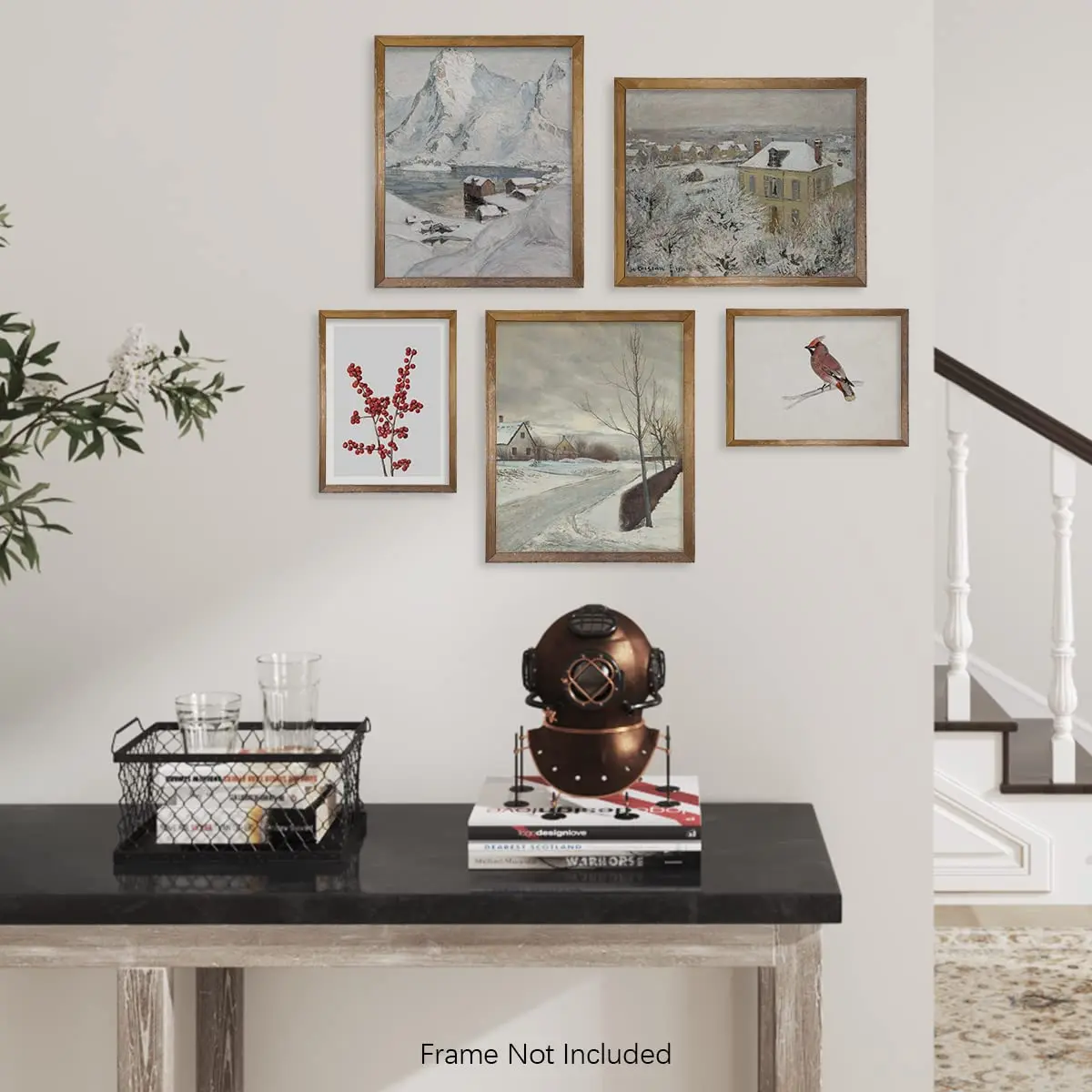 Vintage Farmhouse Wall Decor Aesthetic Botanical Picture Rustic Snowy Winter Room Set of 5 Neutral Gallery decor Wall art