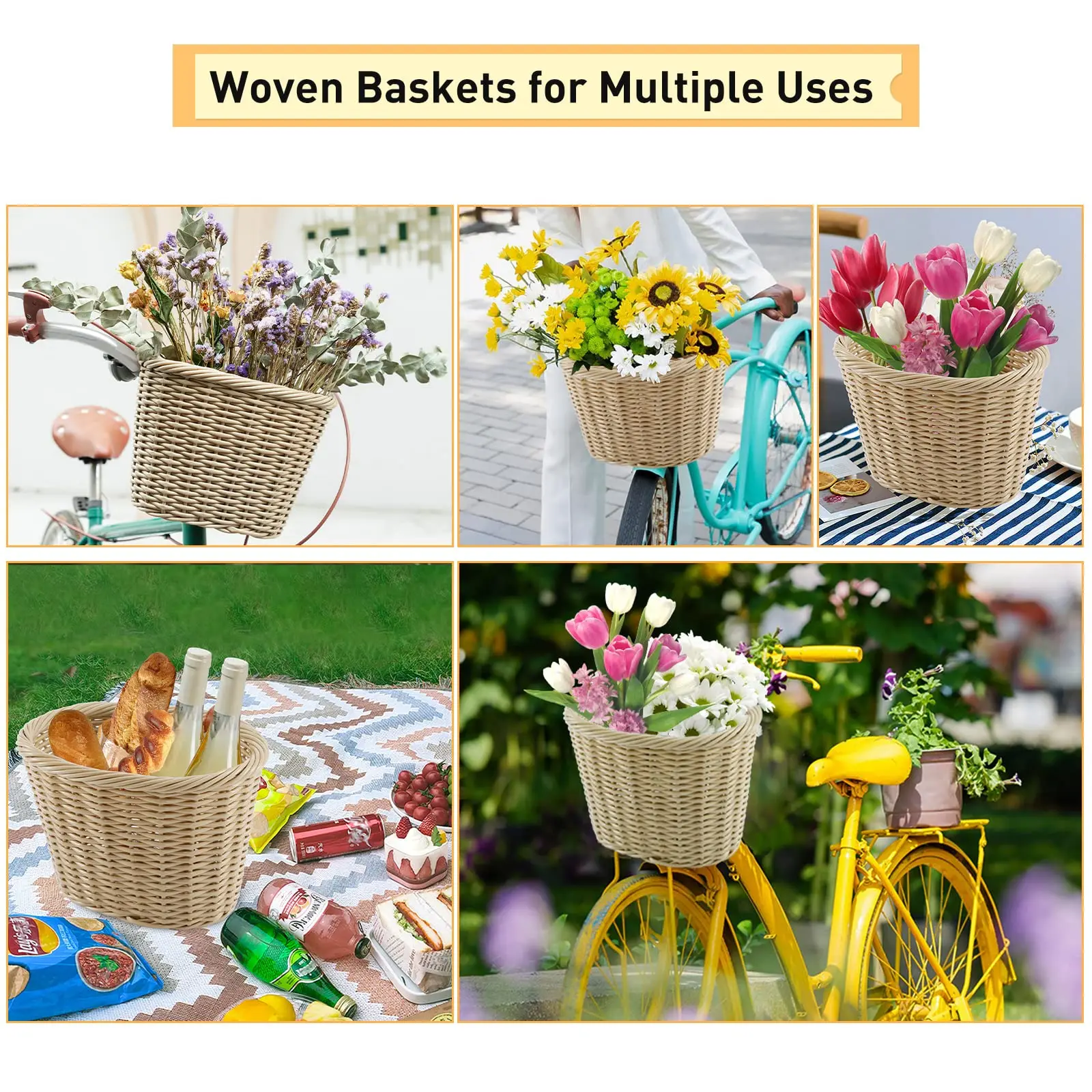 Adult Bikes Front Kids Handlebar Waterproof Storage Bicycle Woven Bike Basket front with Adjustable Leather