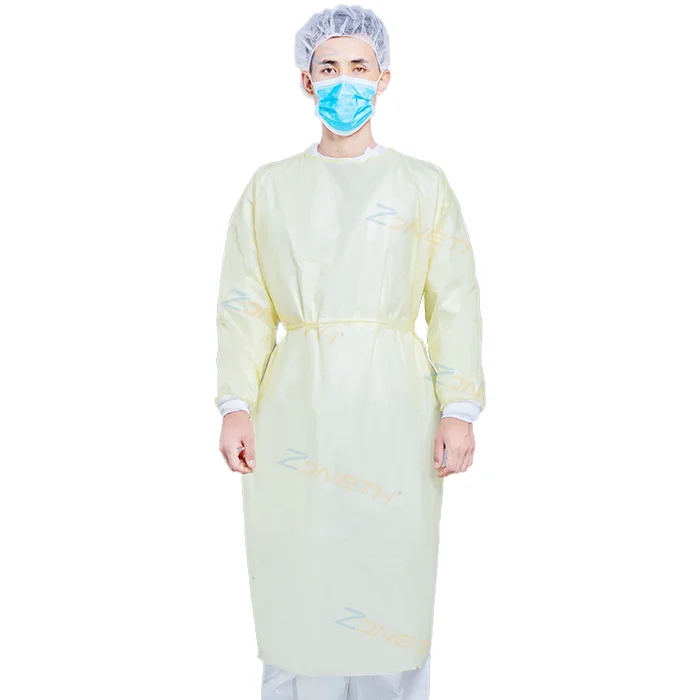 Disposable  Waterproof Protective clothing 25gsm PP Yellow Blue tape  ppe  AAMI Level 2 knitted  Cuff Isolation Gowns