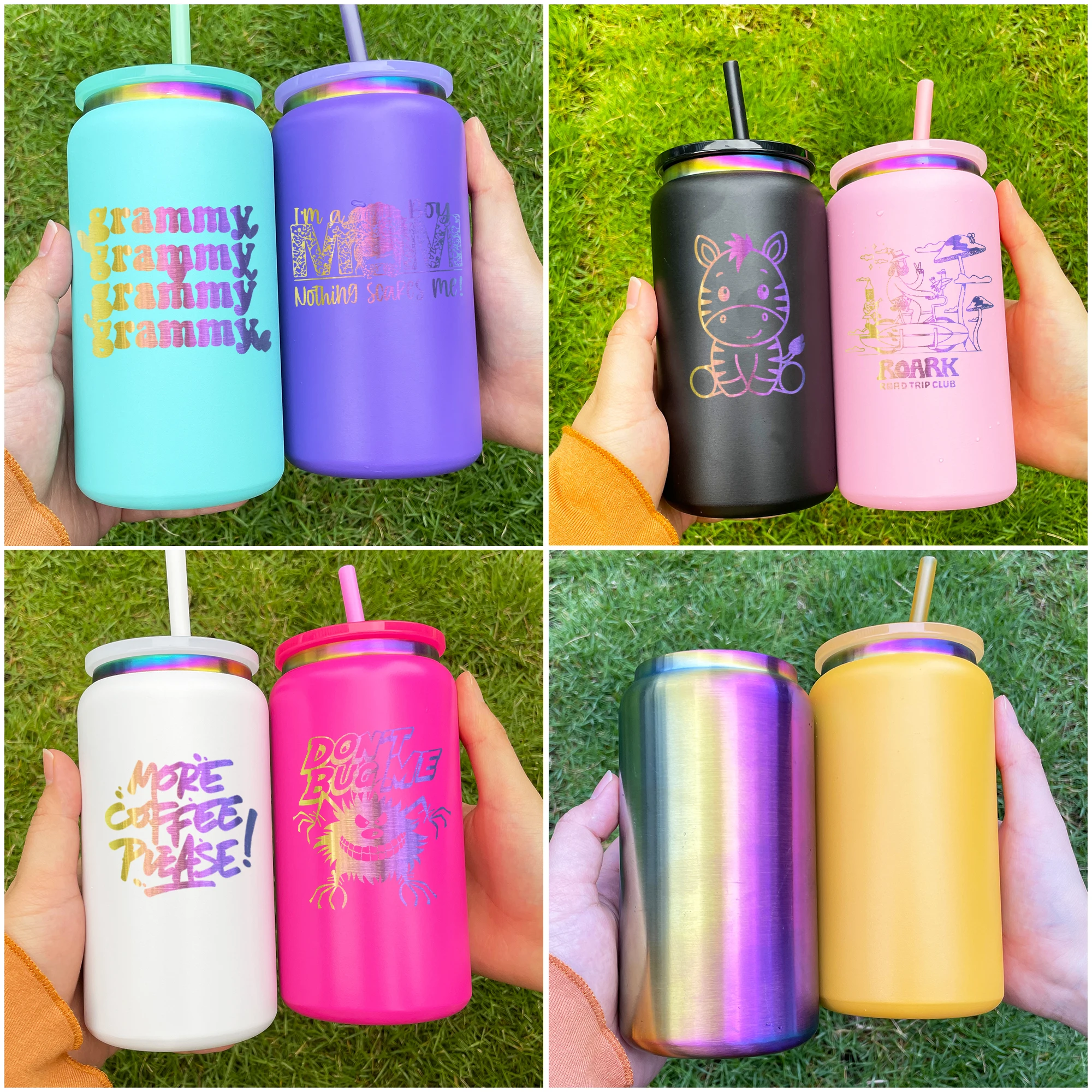 powder coated rainbow plated double wall 16oz metal beer can tumbler with pp lid and straw for laser engrave