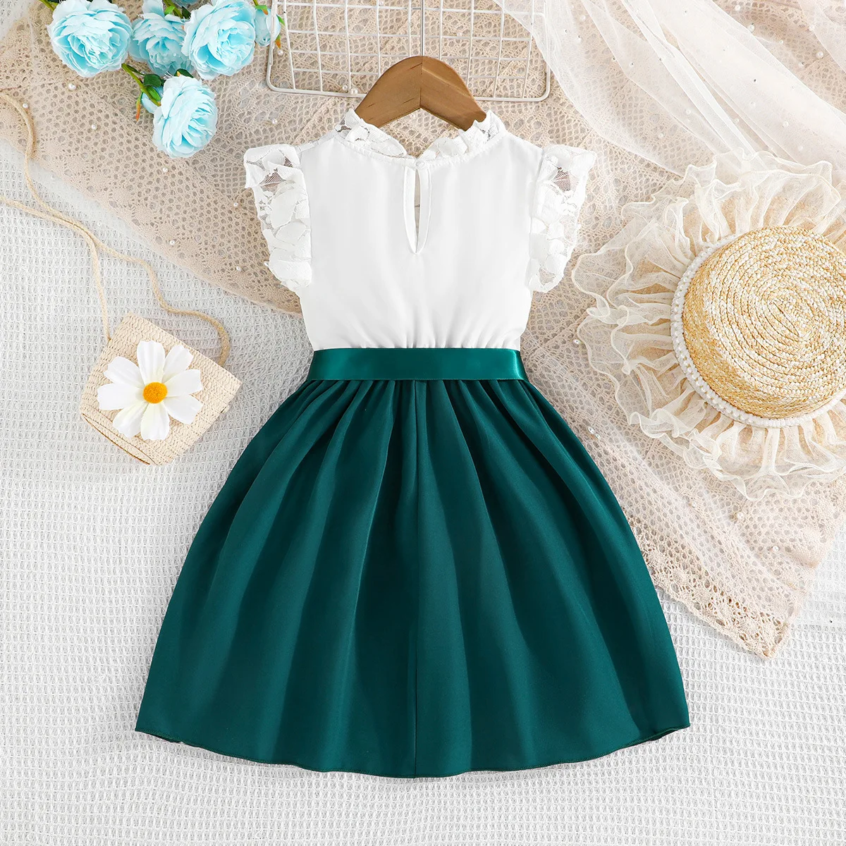 4-7Y kids wholesale clothes summer petal sleeves children daily wear casual clothing girls elegant dress with belt