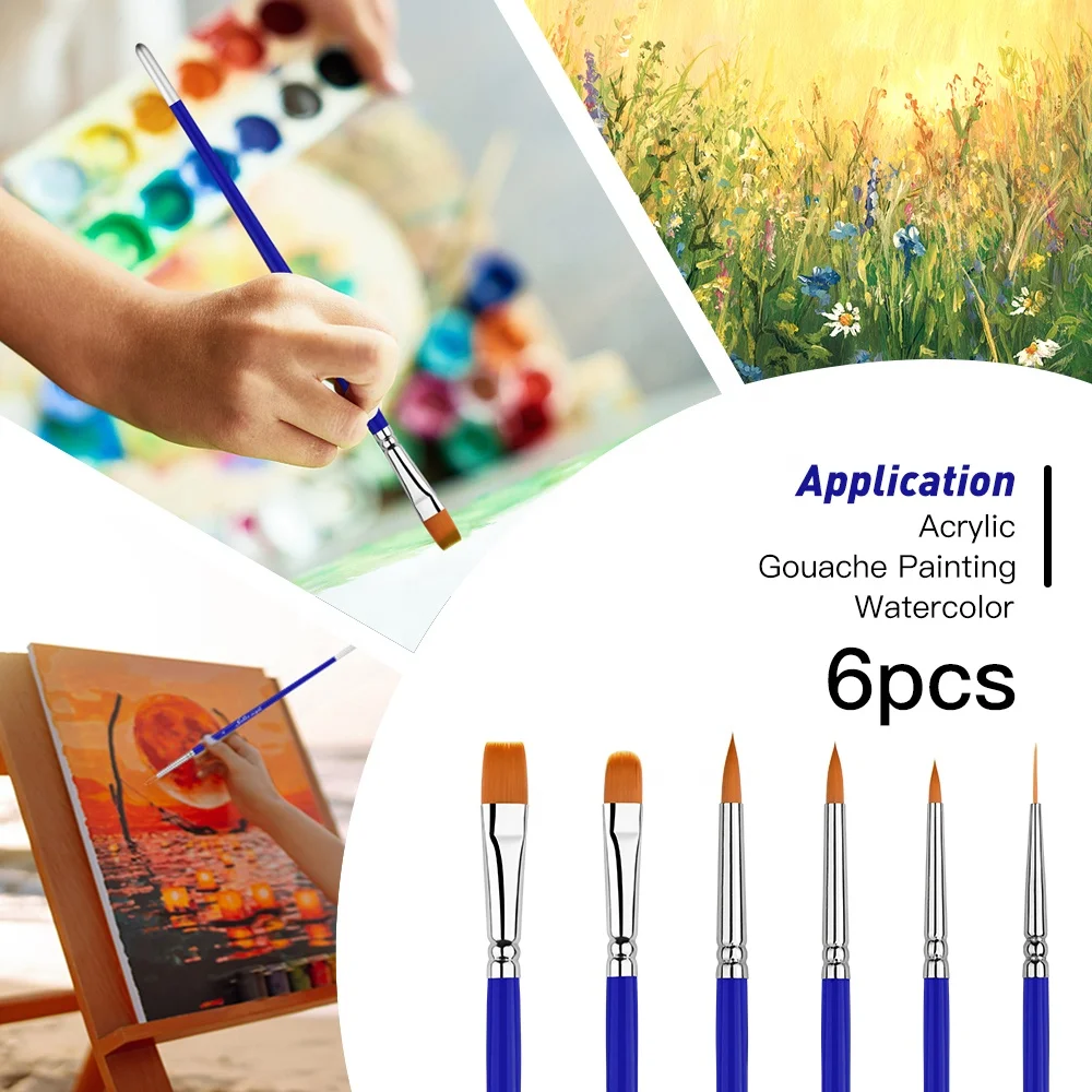 2023 New Arrival 6pcs Blue Sliver Tip Face Paint Brushes Set Short Wood Handle Nylon Hair Acrylic Artist Paint Brush