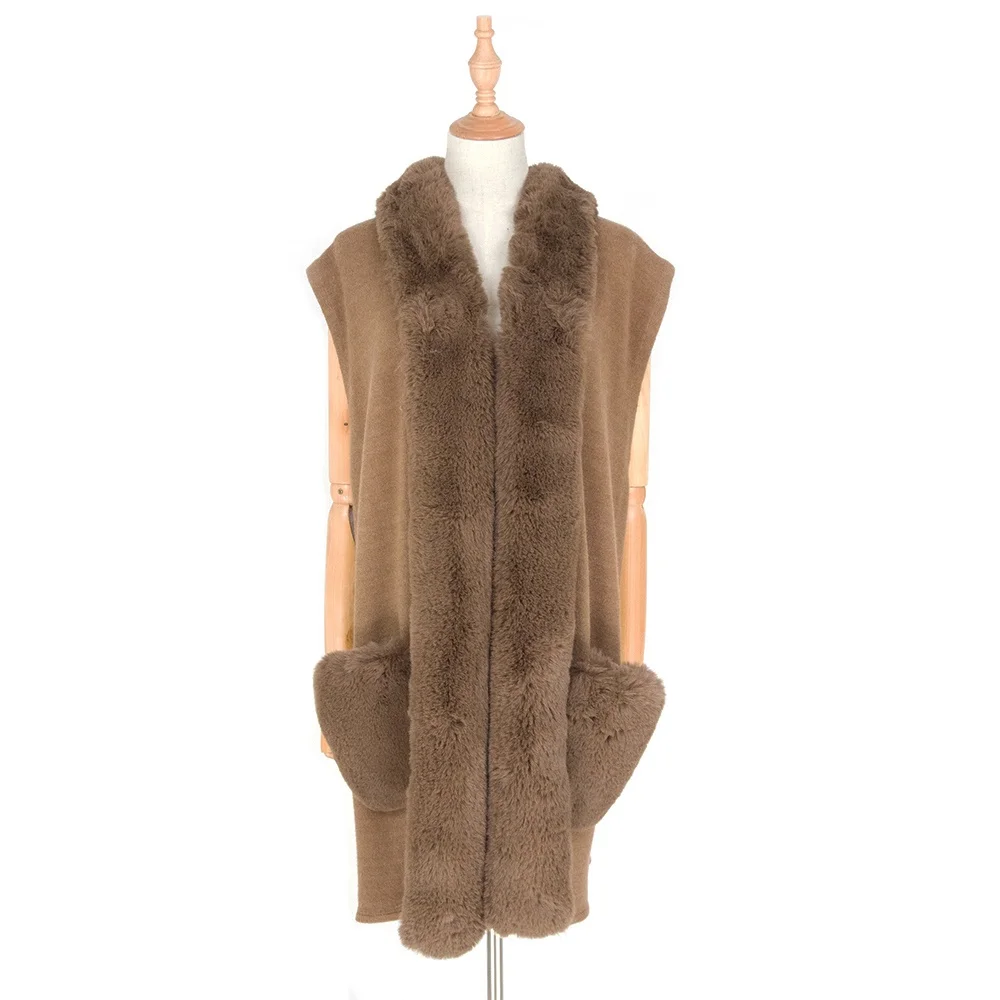 Хит продаж, Мягкая вязаная женская шаль с карманами, шарф из кроличьего меха, кашемировый жилет с отделкой из искусственного меха, плюс размер, свитер