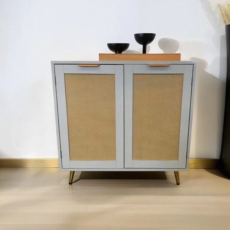 Storage Cabinet with  Rattan Decor Doors, Accent Cabinet with Solid Wood Feet Sideboard Cabinet for Hallway