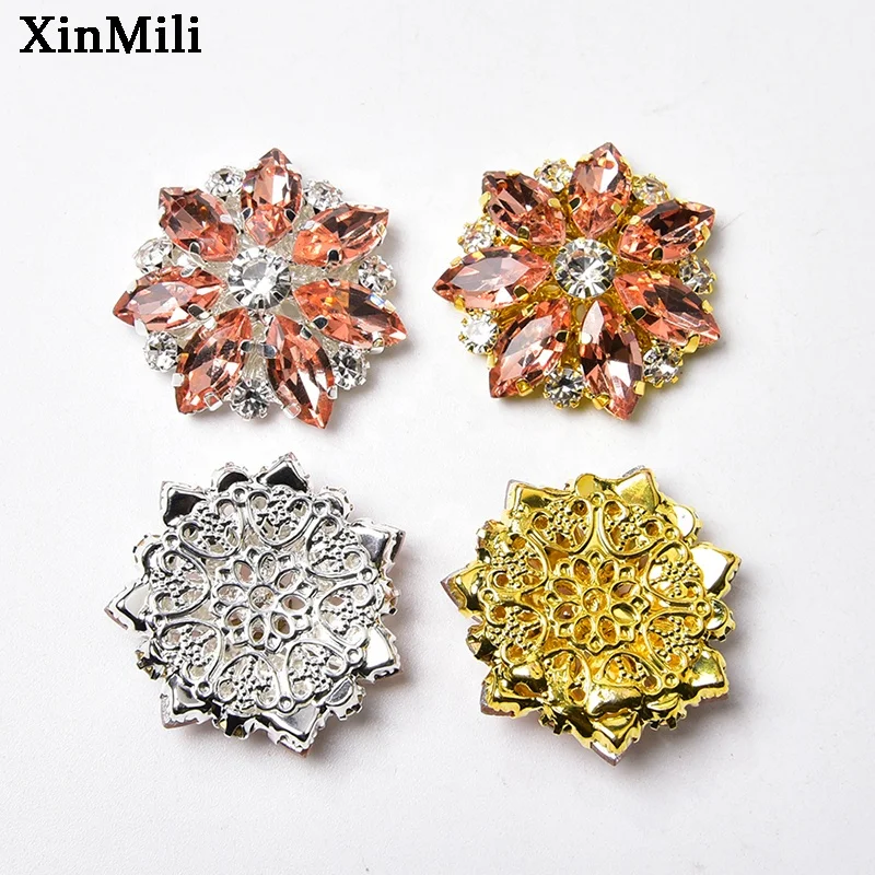 28mm Silver Gold Metal Inlaid Rhinestone Flower Button Flat Back Crystal Trim Buckle for Clothing Shoes Hair Accessories