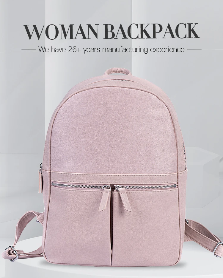 Hot Sale Women Backpack College Bag Pink Female Portable Pu Leather Backpack Metal Zipper 190T Fashion Travel for Women Optional