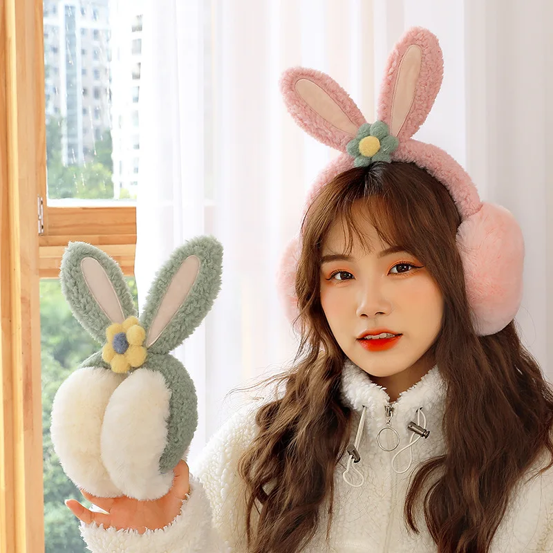 Ladies Rabbit Bowknot Ears Muffs Folding Earmuffs Students Thicken Winter Warm Ear Warmer Earmuffs