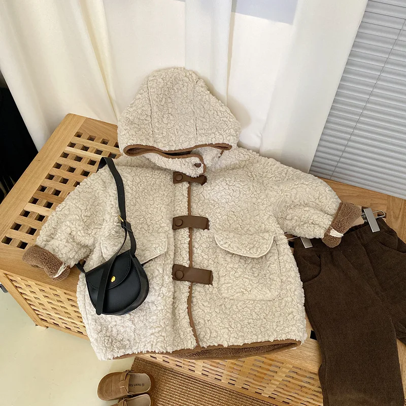 Ivy83635A Kids Girl Warm Fur Jacket Autumn Winter Korean Fashion Thickened Windbreakers Baby Children Hooded Duffle Coat