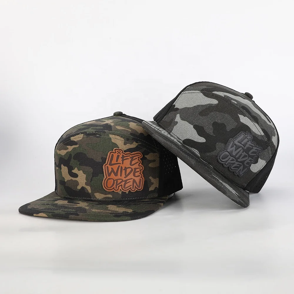 High Quality Laser Cut Hole Camo Polyester Gorras Leather Patch Logo 6 Panel Sport Hat,Wholesale Custom Flat Brim Snapback Cap