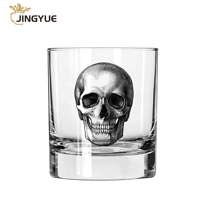 Wholesale Customized Skull Logo Heavy Bottom Round Tequila Vodka Brandy Whisky Rocks Glass for Bar Restaurant