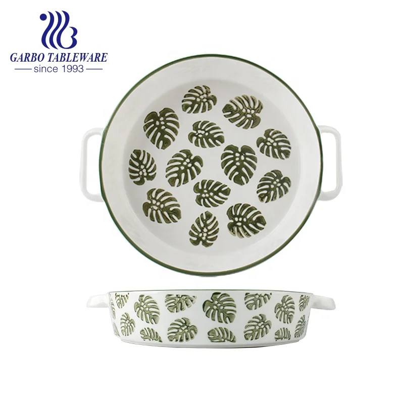 Factory custom leaf glazed round 10.2inch/1800ml plain microwave oven pyrex ceramic deep baking dish (1600088115567)