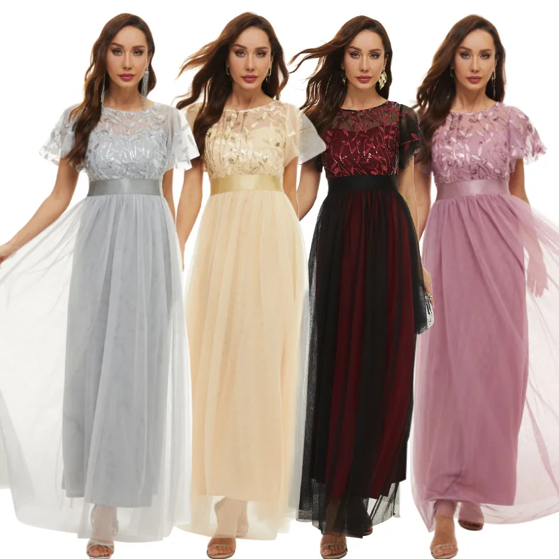 1920S Female  Short sleeve crew neck large swing type evening dress mesh stitching bridesmaid dress banquet dress