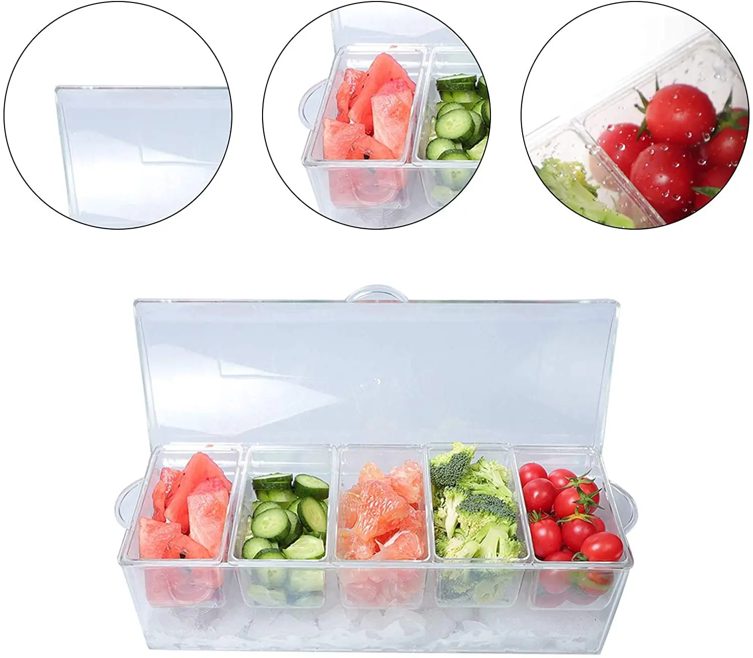 Clear Sauce Caddy Serving Tray Container with Lid Ice Chilled Removable  5 compartment clear condiment server
