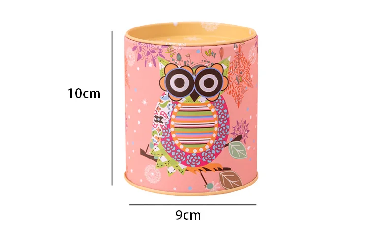Wholesale creative owl pattern mini round metal kids piggy bank money boxes
