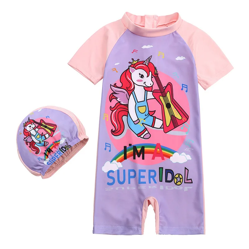 Market Union wholesale toddler swimsuit with hat cartoon print girls boys bathing suit short sleeve kids swimwear with hat