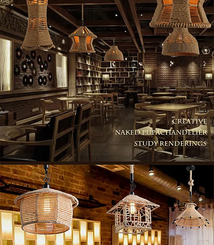 Ancient European retro style linen lamp bar restaurant metal hemp rope chandelier