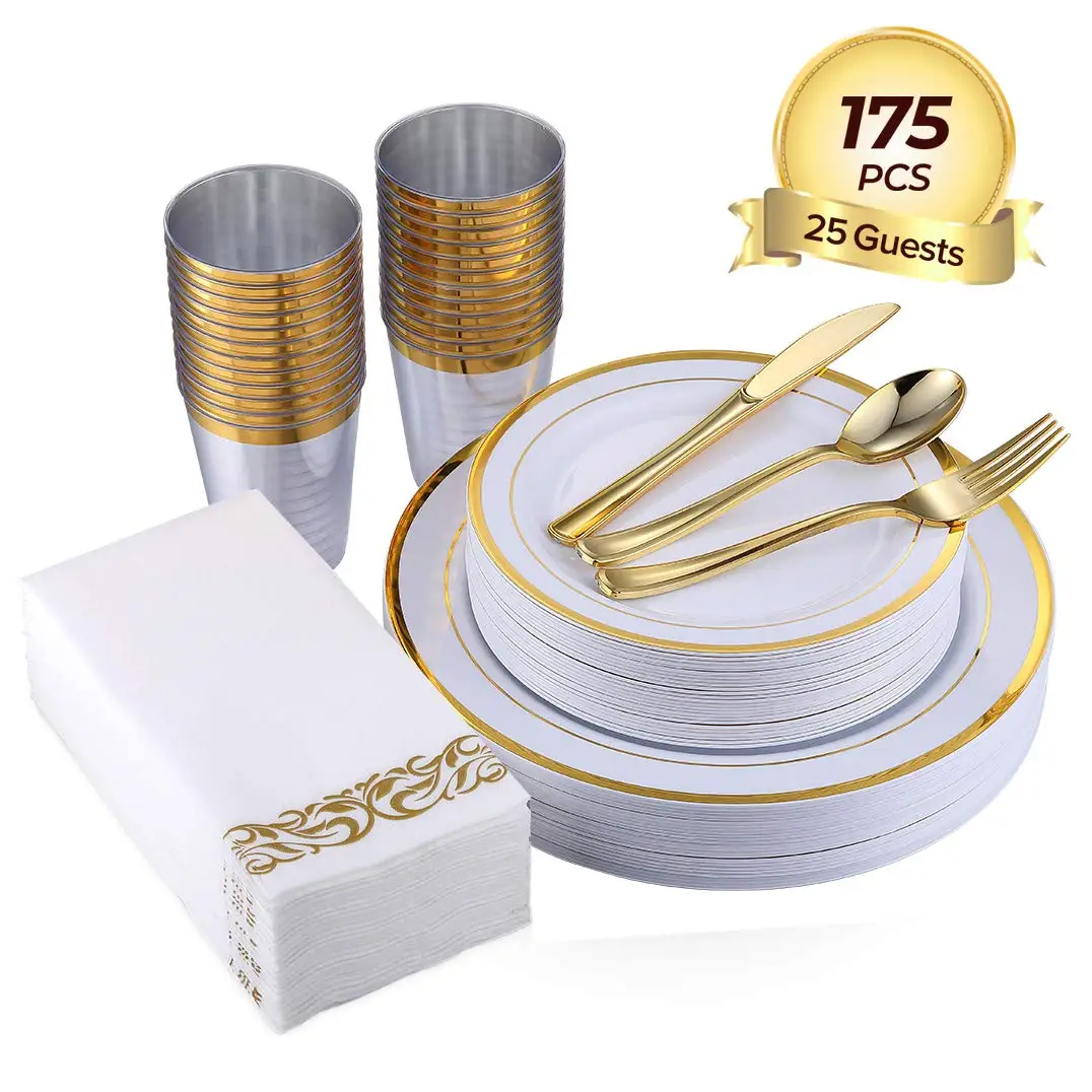 175PCS Gold Disposable Dinnerware Set (25 Guests) Plastic Plates,cutlery,cup,napkin for Party, Wedding, Party Supplies