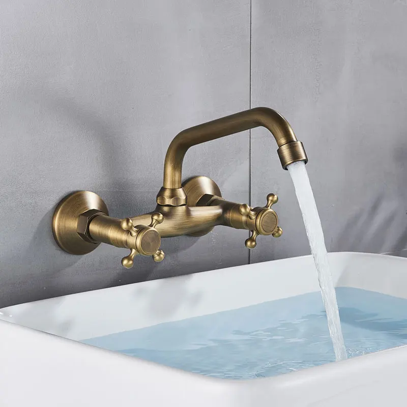 Vintage Style Dual Handle Basin Mixer Tap Wall Mounted Brass Concealed Bathroom Basin Faucet