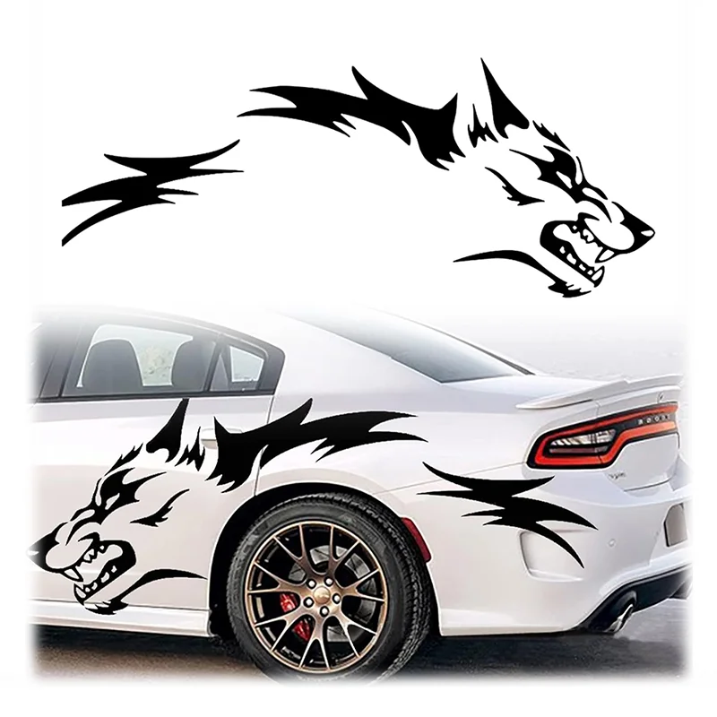 2Pcs/set Running Wolf Graphics Car Body Sticker Self-Adhesive Wolf Decal Racing Sports Car Side Door Sticker