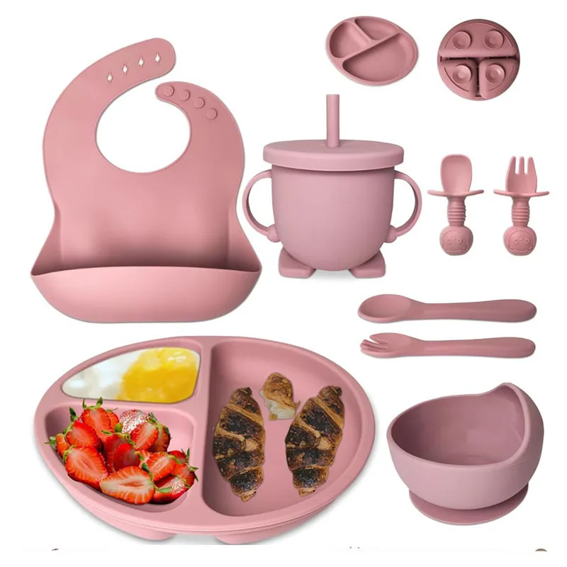 Factory Wholesale Bpa Free Baby Silicone Feeding Set Fork Spoon And Bibs Usse Suction Silicone Baby Feeding Set